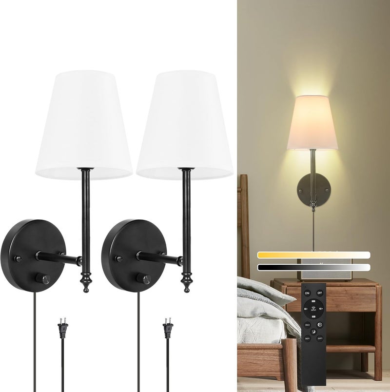 GOODATE 14.1 inch Wall Sconces Set of Two with Remote Control, Dimmable, Adjustable Colors 2700-6500K, Plug in Wall Sconces with White Fabric Shades, Plug in Wall Light, Black - Image 1